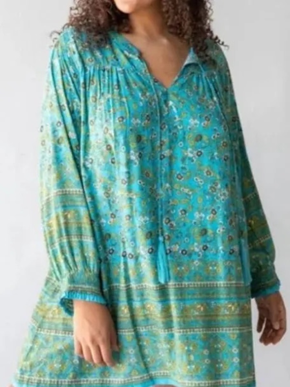 Natural Life Dara V-Neck Boho Floral Long Sleeve Mini Dress Turquoise Size XL